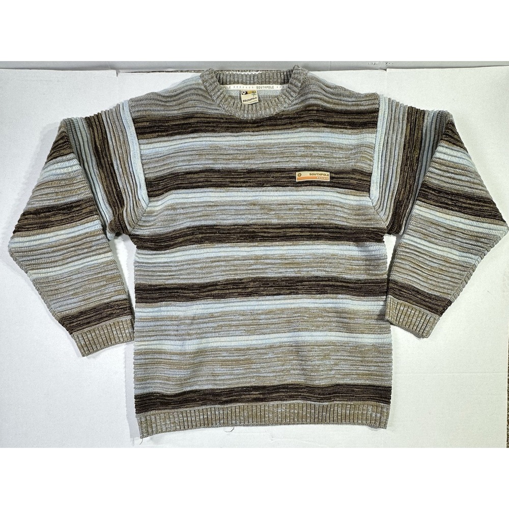Vintage Southpole Sweater‎ XL Brown Blue Striped Knit Pullover Korea Y2K 90s